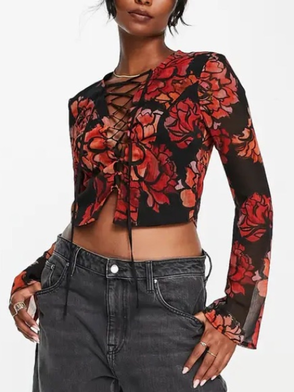 TOPSHOP Floral Print Chiffon Sheer Tie Criss Cross Blouse Top